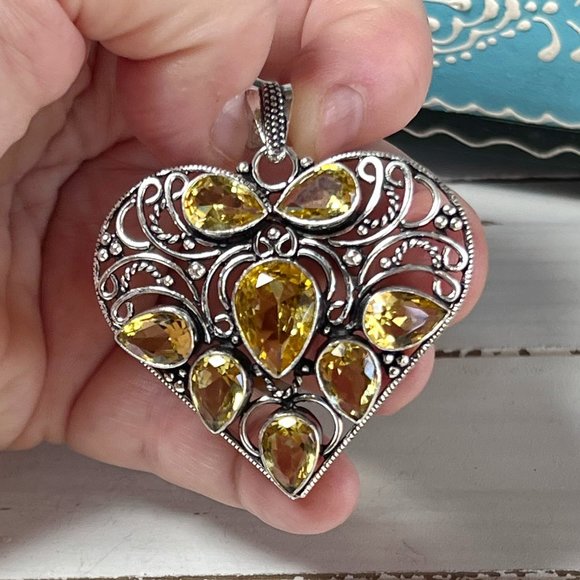 Heart Pendant Citrine Large Handmade Gemstone 924 Stamped Bohemian Sparkler New! - Picture 11 of 13